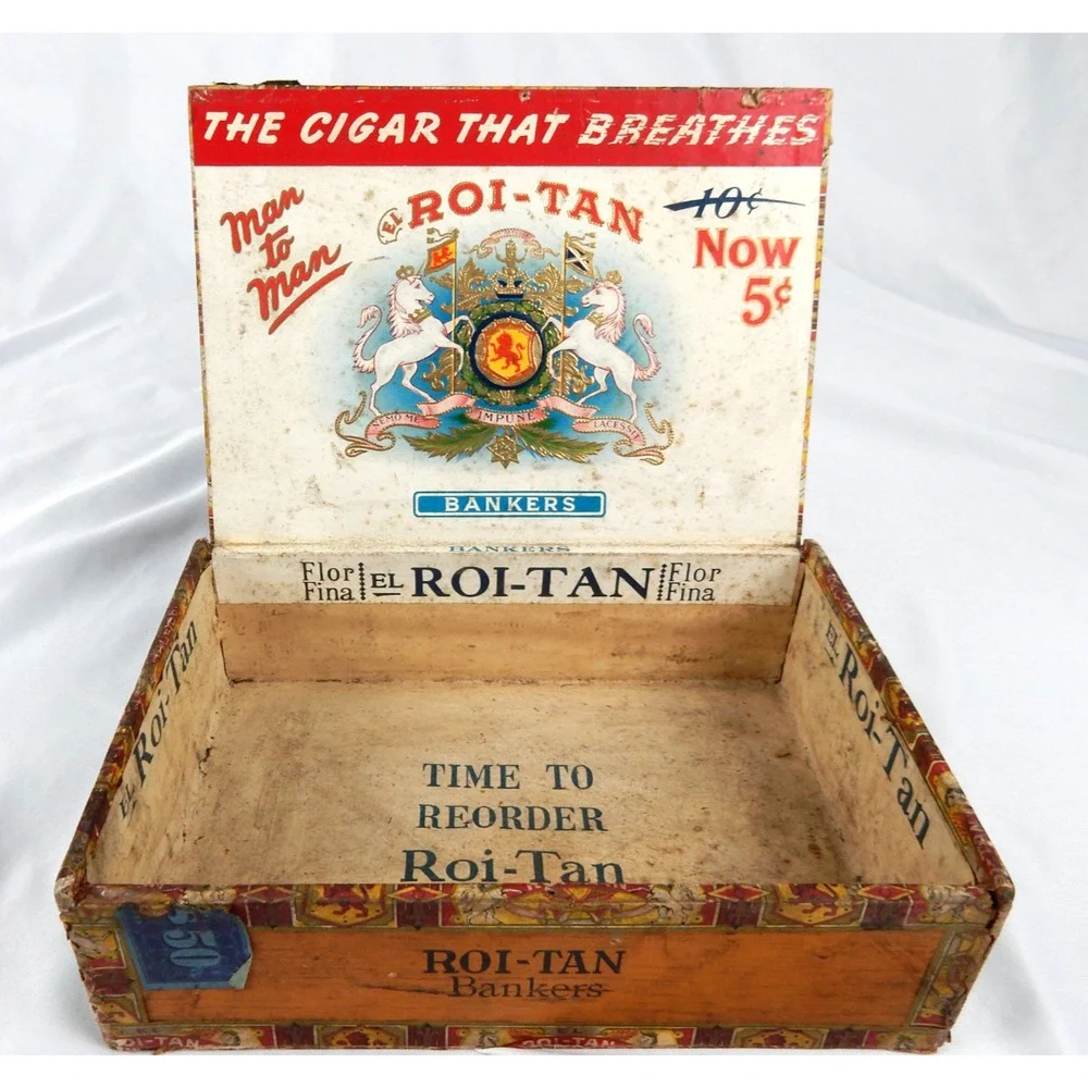 Vintage 1930s El Roi-Tan Bankers Wood Cigar Box Flor Fina Factory No 1896 PA